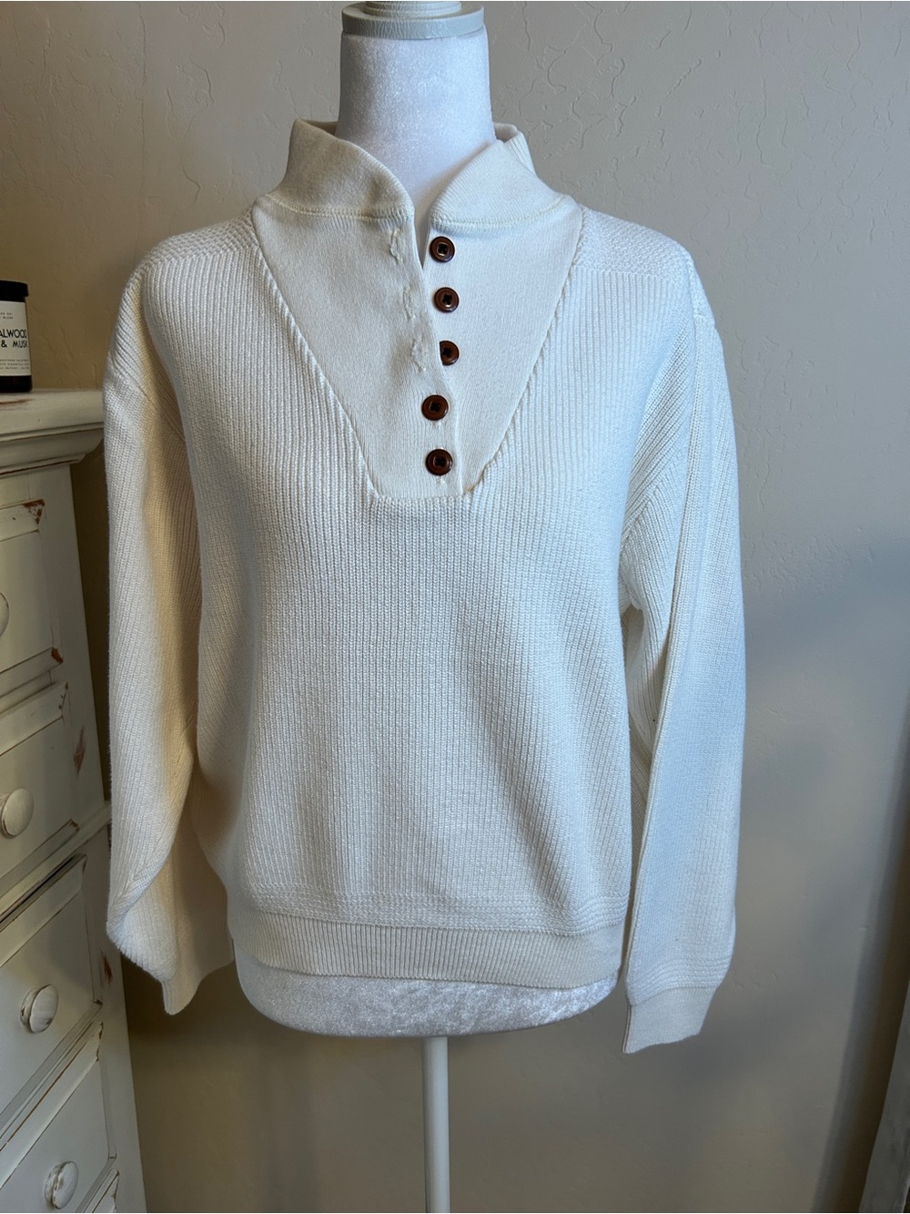 Lands’ End Cream Cotton Henley Mock Neck Sweater | Size Medium (10-12)
